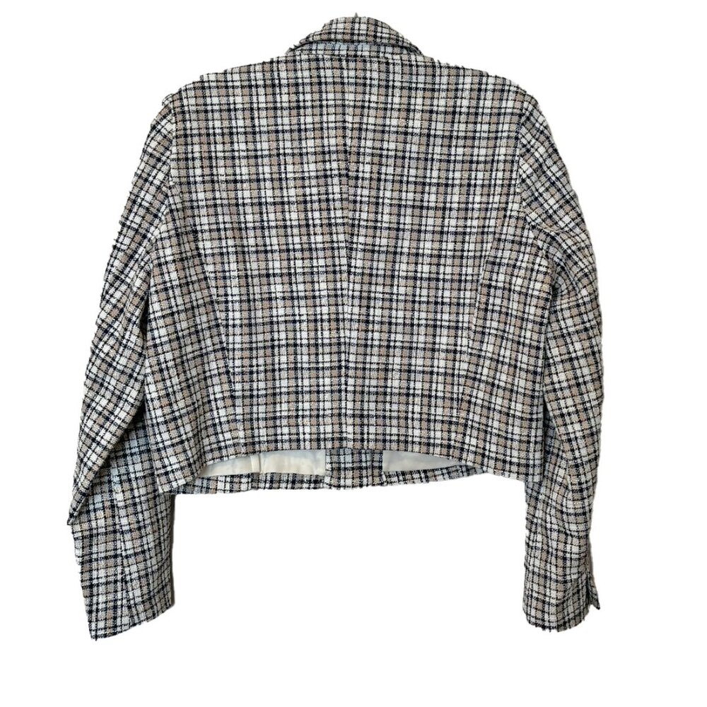 Abercrombie & Fitch White, Tan & Blue Plaid Textured Cropped Blazer - Size L - Picture 3 of 6